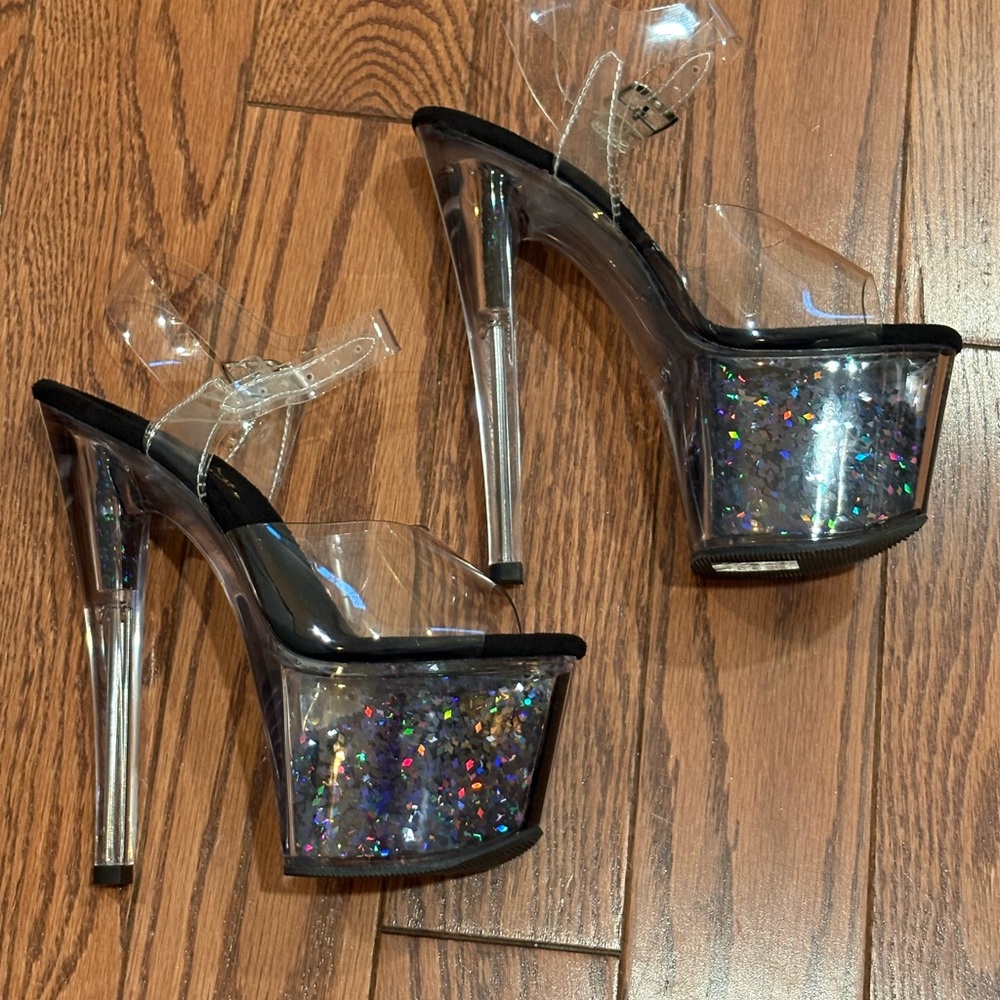 Unique Pleaser Clear and Black Glitter Platform Heels
